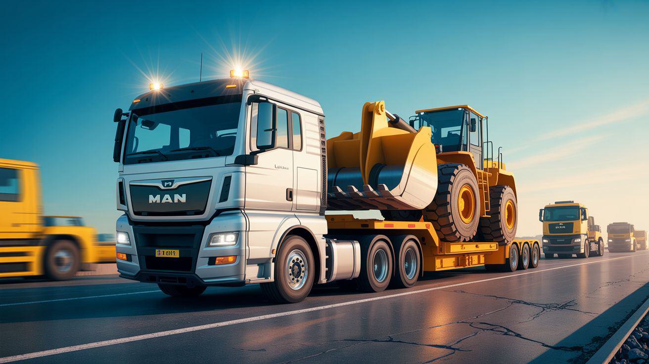 MAN Truck mit Tieflader auf dem ein Radlader steht